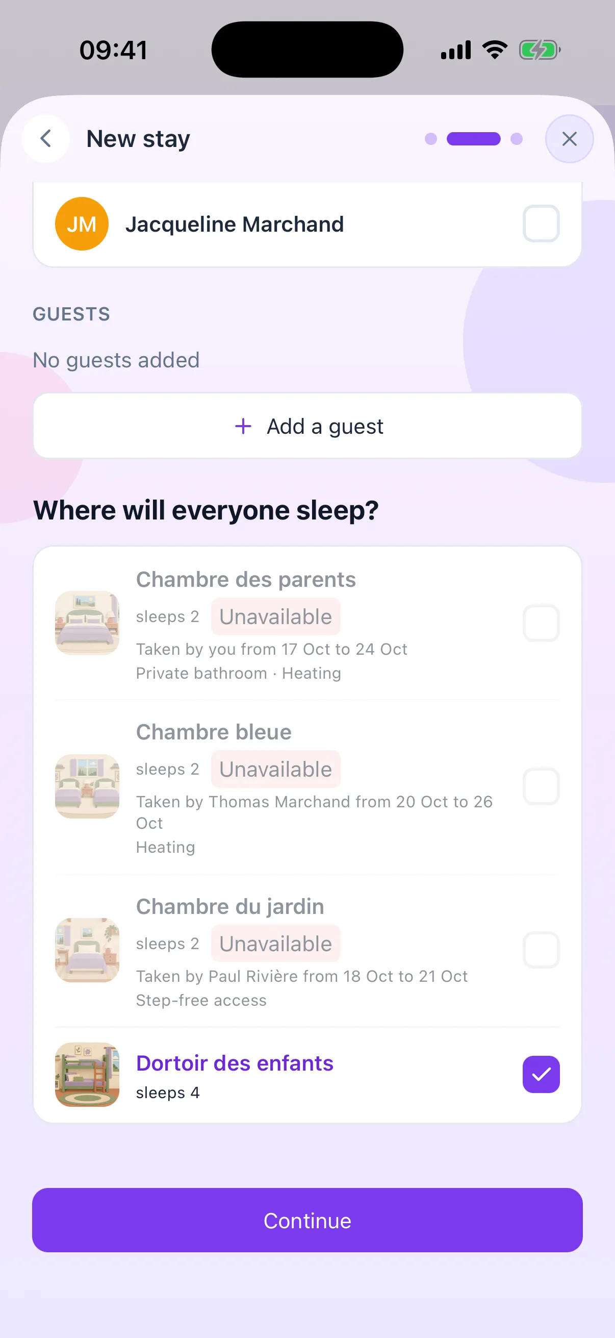Choosing rooms while booking: three rooms marked unavailable, each with who has it and their dates, and the free children’s dormitory, ticked.