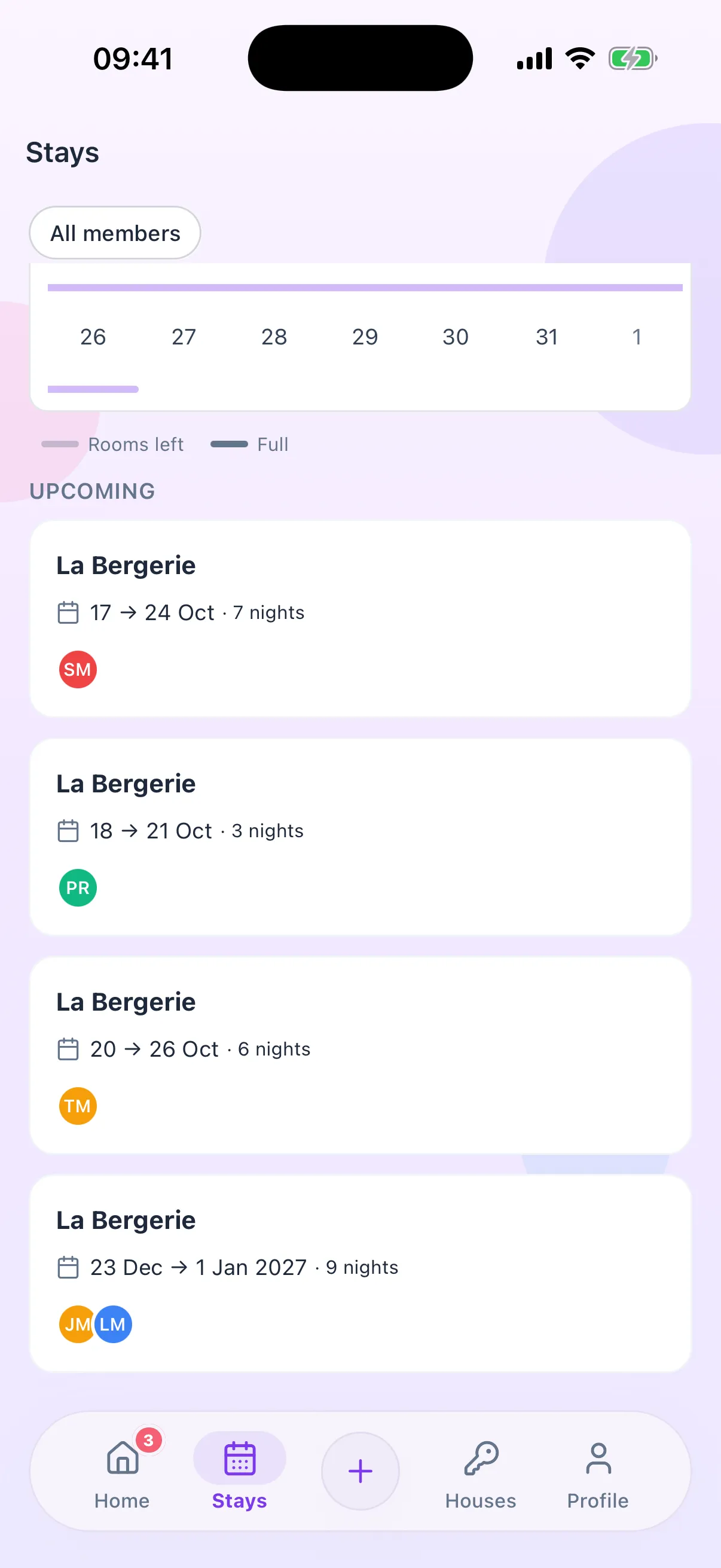 Priboo Stays tab: the month calendar with everyone’s stays, then the list of upcoming stays and who is coming.