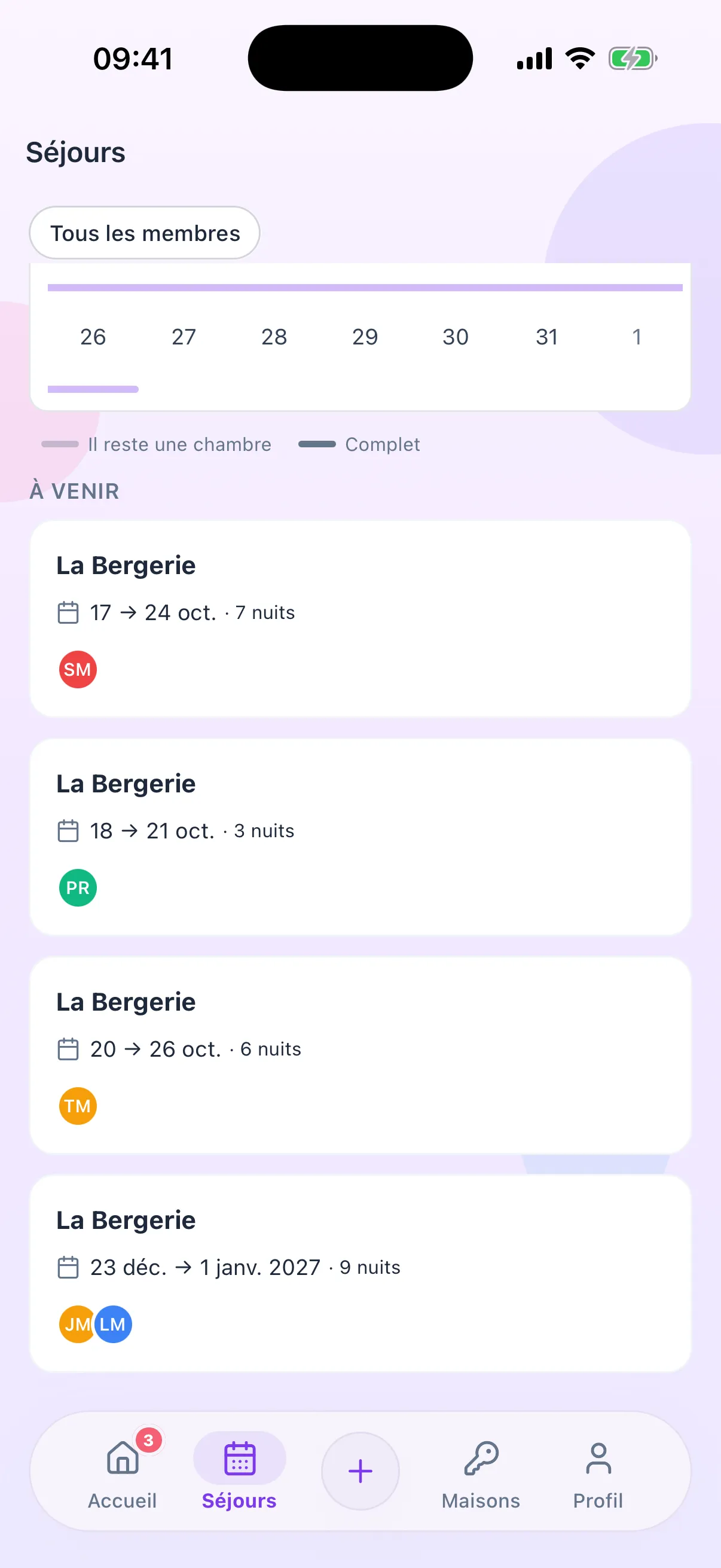 Onglet Séjours de Priboo : le calendrier du mois avec les séjours de chacun, puis la liste des séjours à venir et de leurs participants.